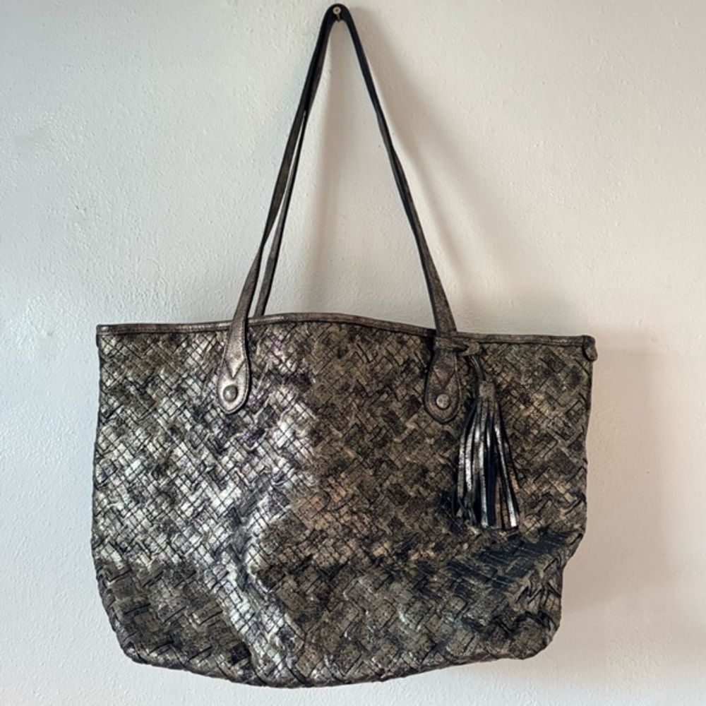 Patricia Nash Slouchy Woven Metallic Leather Tote Bag WithTassel